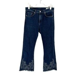 Rag & Bones Jeans Women 30 Waist Blue Denim Embroidered Crop Flare Boho Raw Hem
